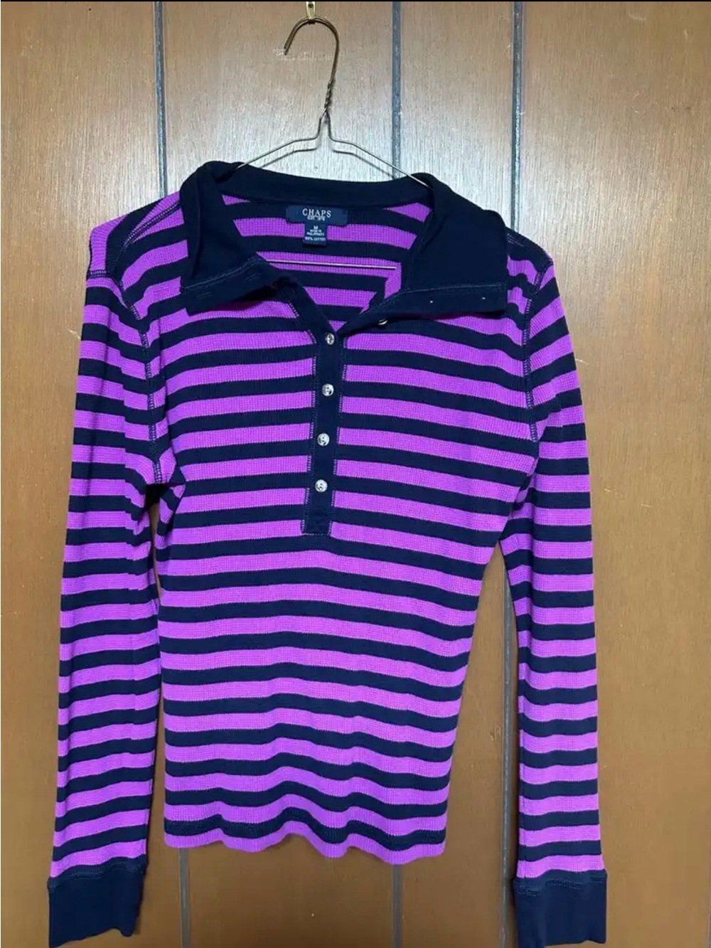 Chaps Purple & Black Striped Long Sleeve Polo